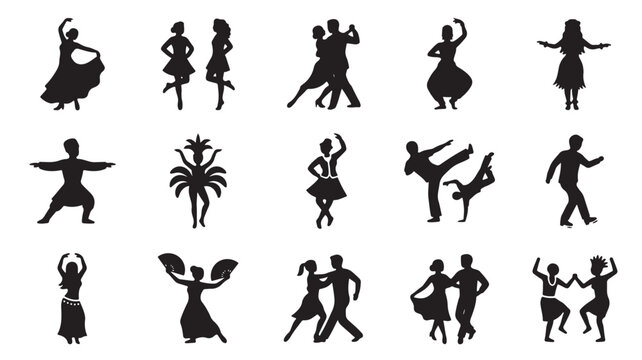 Professional dancing silhouettes collection, 15 diverse dancer vector icons, performing arts and ballroom dance figures, black isolated human shapes