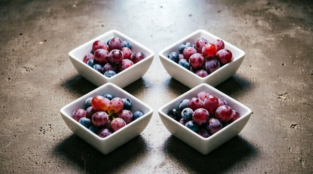 Fresh grapes and raspberries on white plate highlight natural colors and healthy fruit combination appeal.
