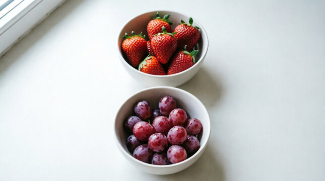 Fresh grapes and raspberries on white plate highlight natural colors and healthy fruit combination appeal.
