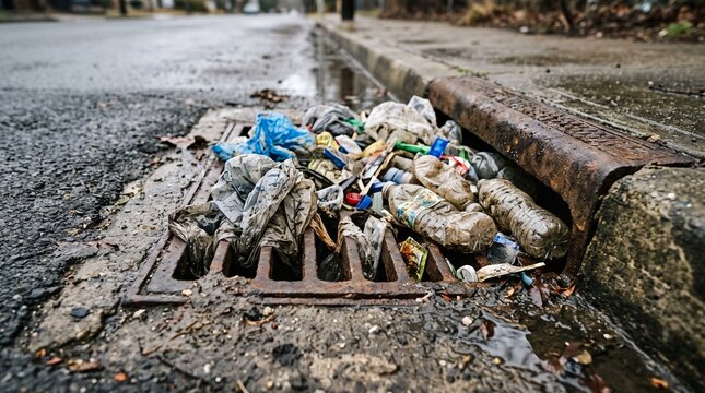 Clogged Storm Drain with Trash: A close-up view of a storm drain choked with plastic bottles, bags, and debris, highlighting the environmental problem of litter and pollution in urban areas.