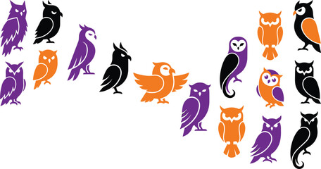Fototapeta premium Halloween spooky owl vector silhouette icon set featuring minimal bird shapes in purple orange black isolated design colors