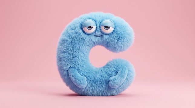 Sleepy light blue fluffy 3D monster character shaped like letter C resting on soft pink background