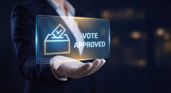 businesswoman holds glowing voting ballot interface above palm to verify board meeting decision, track shareholder approval, confirm corporate governance vote, and support company resolution process