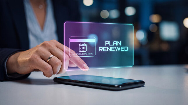 businesswoman taps glowing subscription interface on smartphone to manage recurring billing plan, verify membership renewal status, track service upgrade option