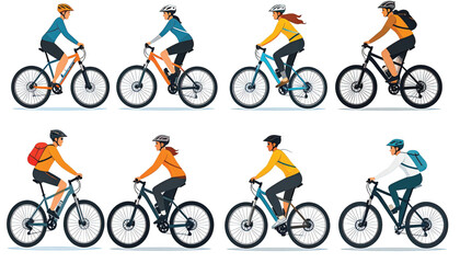 Obraz premium Vector illustration of a person cycling with a backpack, wearing a helmet and sunglasses, against a white background