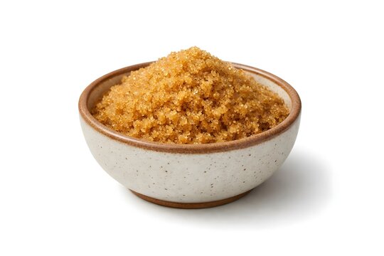 organic brown sugar in ceramic bowl isolated on white background