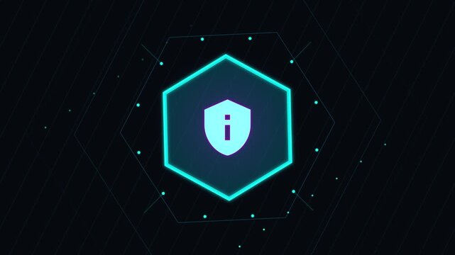 Digital shield with information icon inside a hexagon on a dark background with glowing particles.