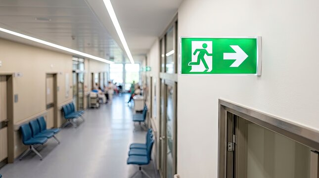 Green emergency exit sign in a modern hospital corridor with a blurred waiting room.