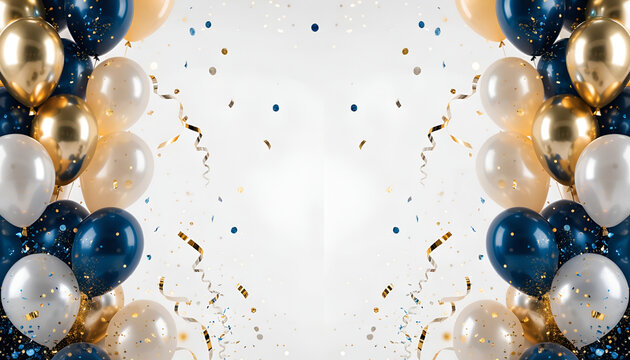 Elegant Blue and Gold Balloon Border on White Background
