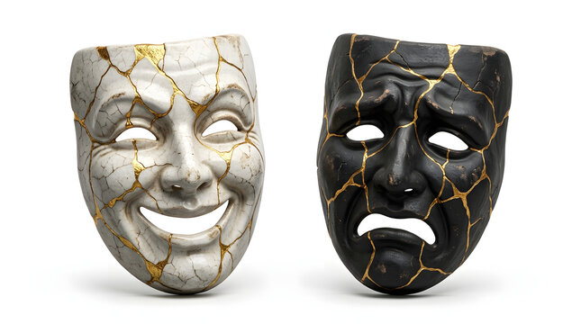 Two cracked theatrical masks, one smiling one frowning, mended with gold kintsugi seams.