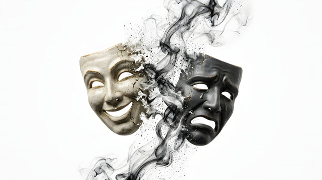 A smiling mask and a crying mask disintegrate into swirling black smoke against a white background.