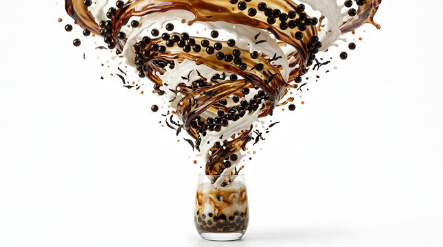 A dynamic tornado of milk, brown sugar syrup, and boba pearls swirls above a glass of bubble tea.