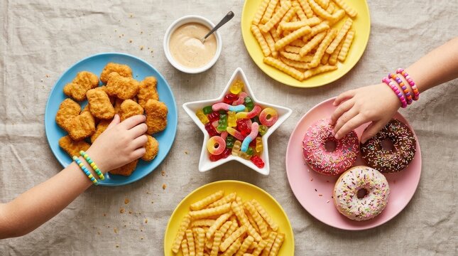 Kids party food spread with chicken nuggets, fries, donuts, and candy.