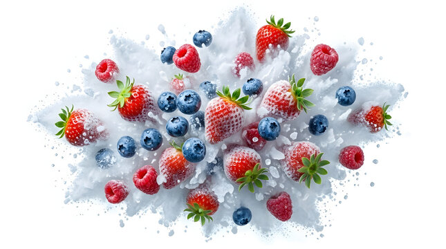 Fresh strawberries, blueberries, and raspberries burst through an icy frost explosion against white space.