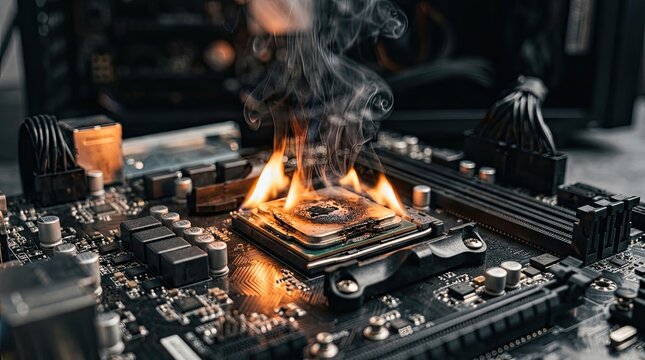 Burning CPU on Motherboard: Critical Computer Hardware Failure with Flames and Smoke