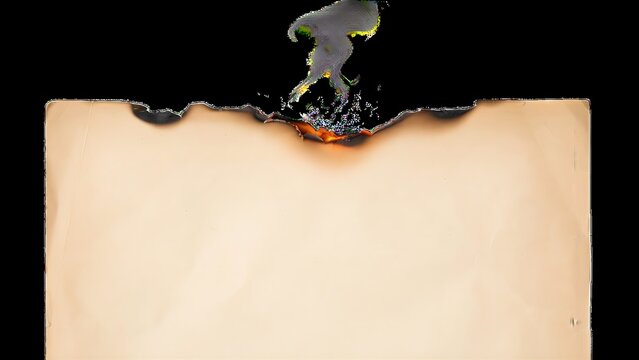 Realistic aged parchment paper with a naturally burned top edge, glowing embers, charred texture, subtle smoke, isolated on a transparent background with detailed paper fibers