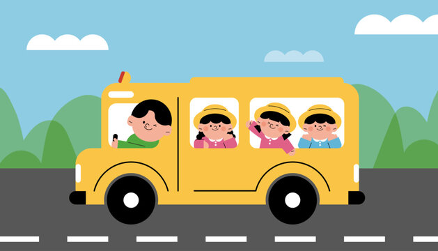 little kids ride school bus and go to school