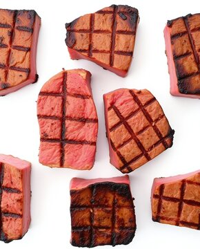 A top down view of several thick, raw tuna steak portions featuring a distinct crisscross grill mark