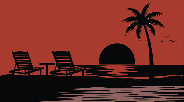 Relaxing beach scene with sun loungers, palm tree, and sunset silhouette for tropical vacation background