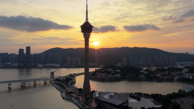 Aerial View of Macau Tower and Sai Van Bridge at Dusk, Macau