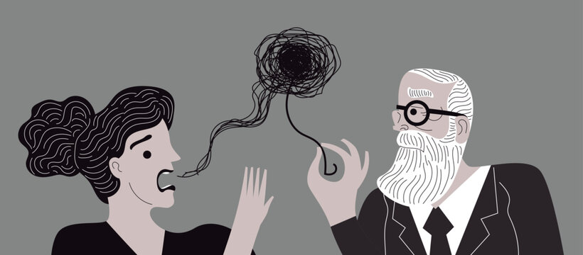 woman explaining tangled thoughts to freudian psychoanalyst
