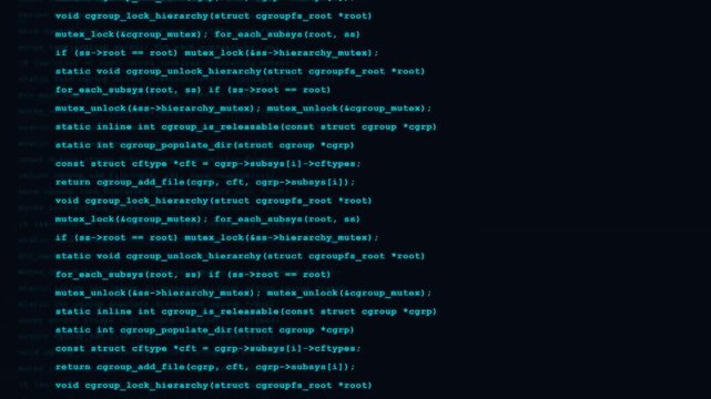Cyan computer programming code streaming on a dark background