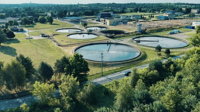 Industrial water processing tanks from a high angle