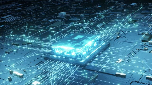 Technology chip connected circuit animation, a glowing microchip sits at the center of an intricate circuit board, with luminous data streams and nodes forming a vast digital network.
