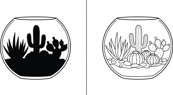 Cactus in a Terrarium with Various Plants in a Vector Illustration