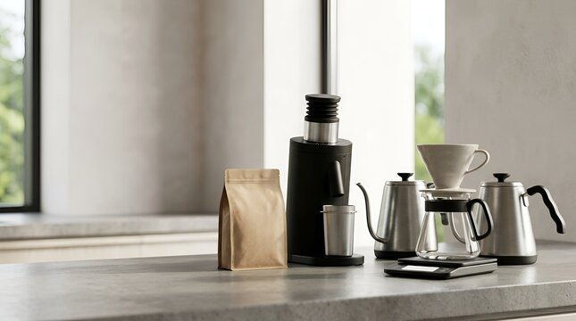 Coffee brewing station with grinder dripper and bean bag on a kitchen counter