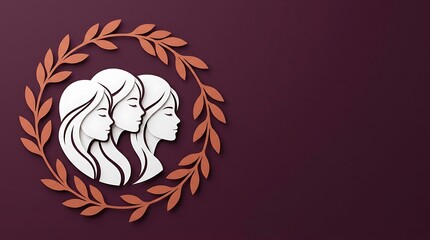 Fototapeta premium Elegant paper cut illustration of two women faces within a laurel wreath on a burgundy background
