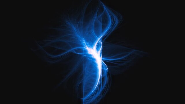 Abstract blue energy ray and glowing fractal light motion graphic on dark background. Futuristic technology, lightning power, electric plasma, and science loop.