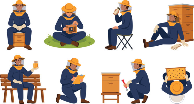 Beekeeper character poses vector set working with beehive and honey