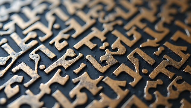 Abstract pattern of metallic letters and symbols creating a textured background.