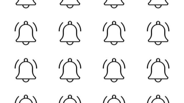 Notification alarm bell icon background with black outline symbols moving across white screen.