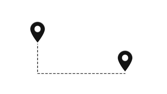 Navigation map markers connected by animated dashed line path showing route movement on white.