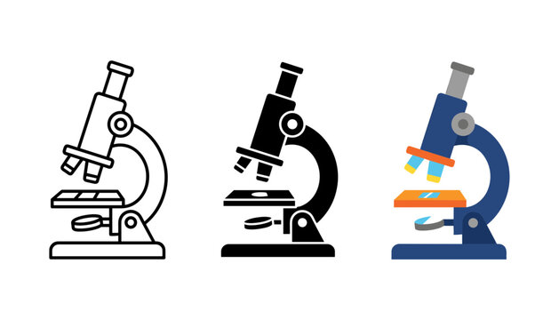 Set of three colorful microscopes in a row for science and education illustration