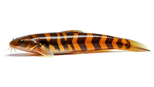 Close up of a striped Kuhli Loach fish isolated on white background.
