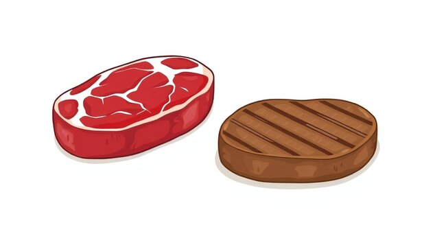 A comparison showing a raw piece of red meat alongside a cooked grilled beef burger patty image