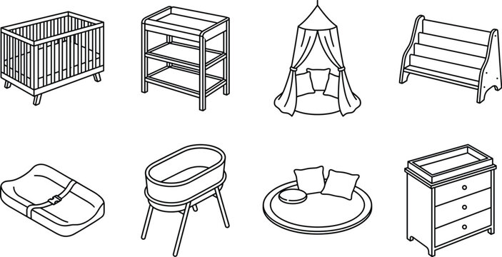 Nursery furniture line icon set featuring baby crib bassinet and changing table