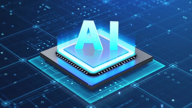AI chip animation, high tech chip connect circuits and emit current animations, A glow holographic "AI" monogram sits atop a luminous microchip, set against a futuristic blue circuit board background.