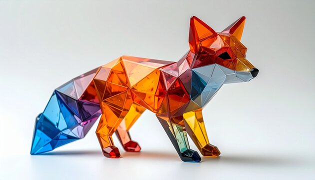 Colorful geometric crystal fox figurine with vibrant low poly faceted design on white background