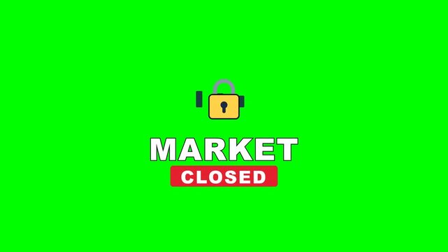4K green screen MARKET CLOSED trading badge - a padlock over candlesticks, animated crypto stock market overlay for finance and trading content, chroma key
