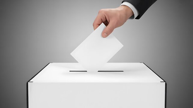Businessman casting ballot into voting box during election on white background