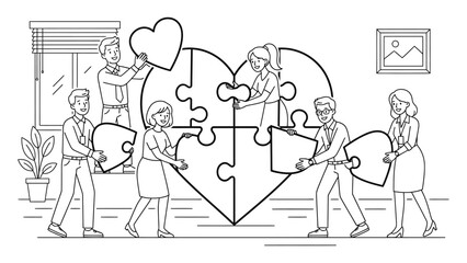 Obraz premium Diverse Business Team Assembling Large Heart Shaped Jigsaw Puzzle.