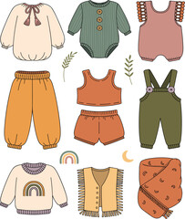 Naklejka premium Boho Baby Clothes and Toddler Fashion Element Vector Icon Set Featuring Cute Rompers Sweaters Pants Overalls and Earthy Tone Outfits