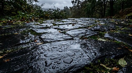 Obraz premium Wet stone path with natural foliage and overcast sky background