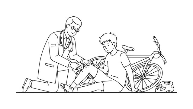 Doctor providing medical assistance to a young cyclist after a bicycle accident.