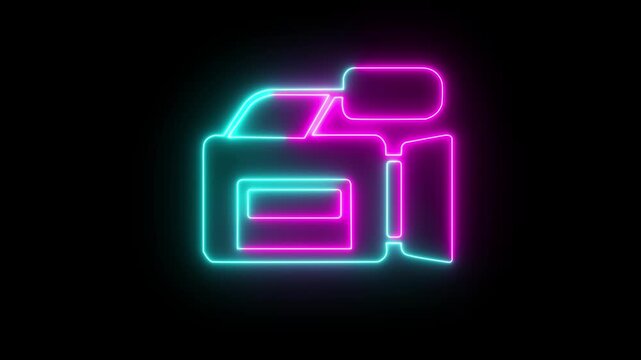 Neon Video Camera Icon Animation. Glowing Film Recorder Line   camera Icon Transparent Background