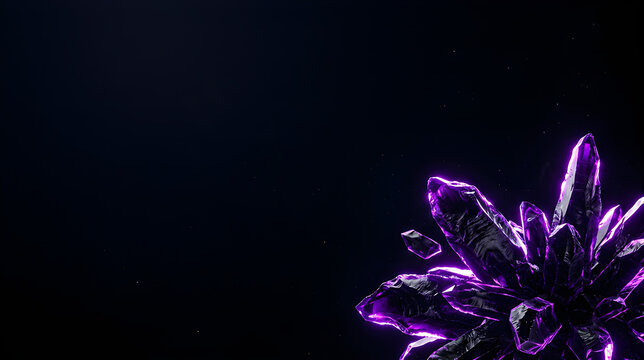 Dark futuristic background of jagged obsidian crystal shards with glowing neon purple edges floating in a black void.